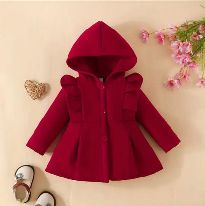 Kids maroon button hoodie with hood and ruffle-style front pockets