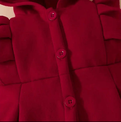 Maroon button placket detail on kids hooded hoodie, front view