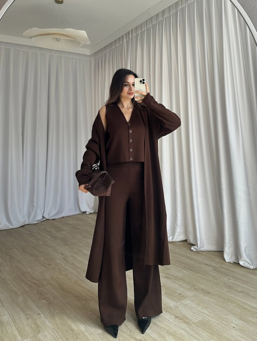 Brown 3-piece co-ord: long button coat, sleeveless top, wide-leg trousers