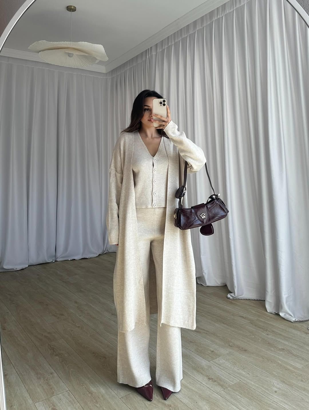 Cream 3-piece co-ord: open cardigan, sleeveless top, wide-leg trousers