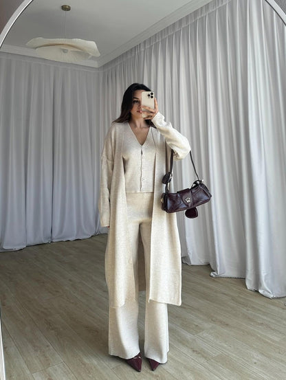 Cream 3-piece co-ord: open cardigan, sleeveless top, wide-leg trousers