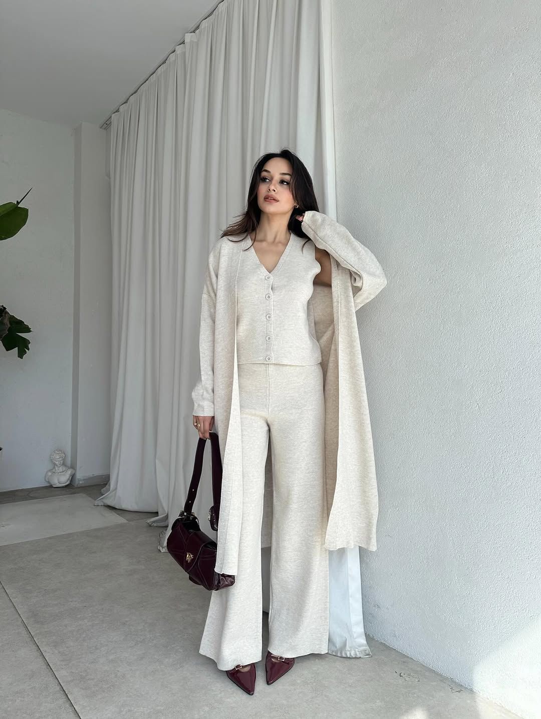 Cream 3-piece co-ord set: long cardigan, sleeveless top, wide-leg trousers