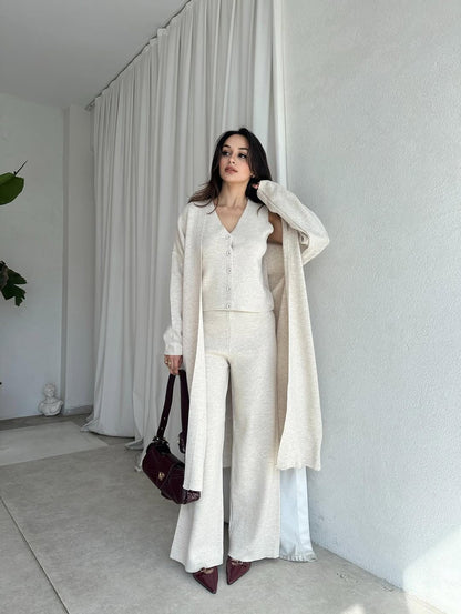 Cream 3-piece co-ord set: long cardigan, sleeveless top, wide-leg trousers