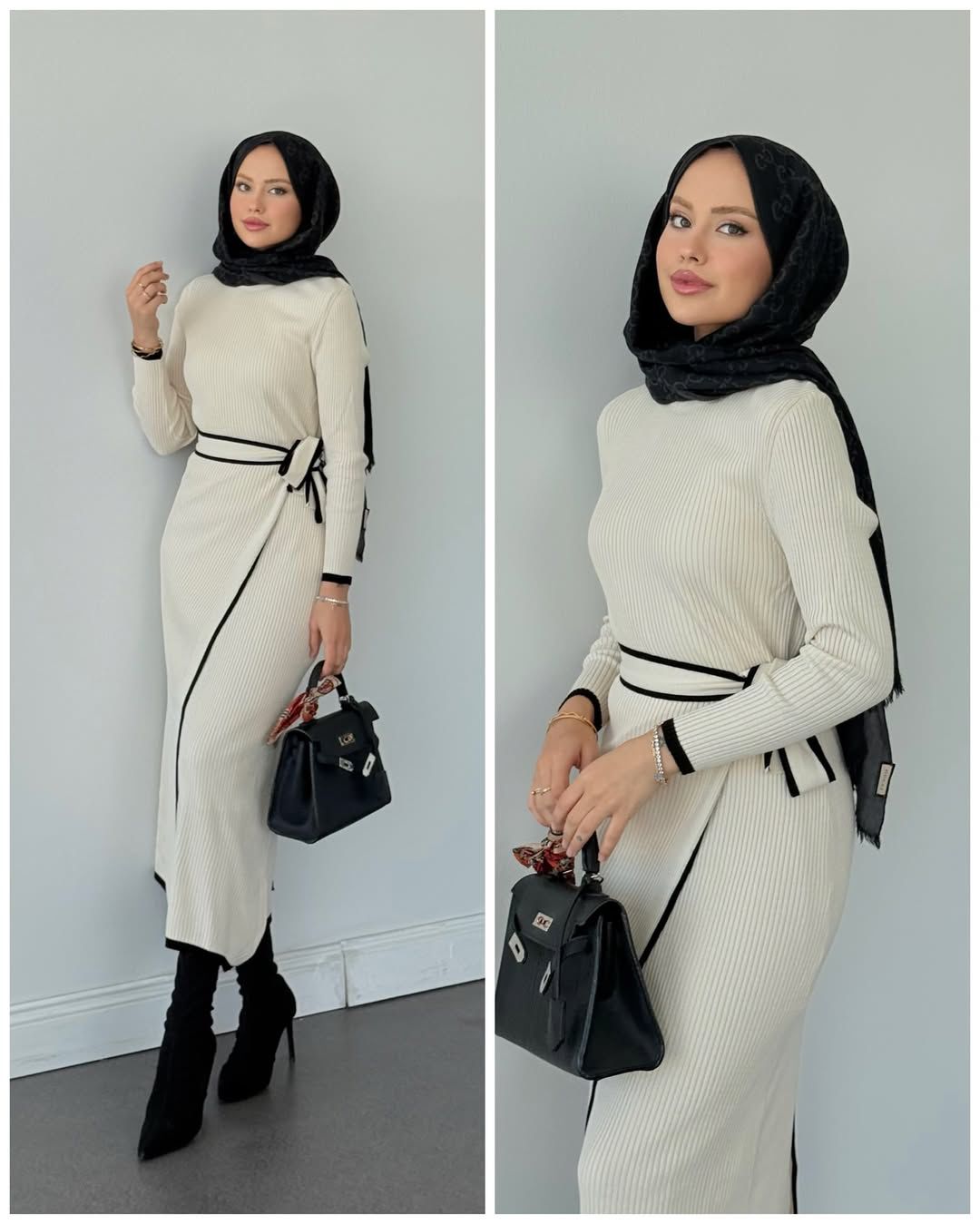 Fawn ribbed long-sleeve dress with waist tie belt and side slit
