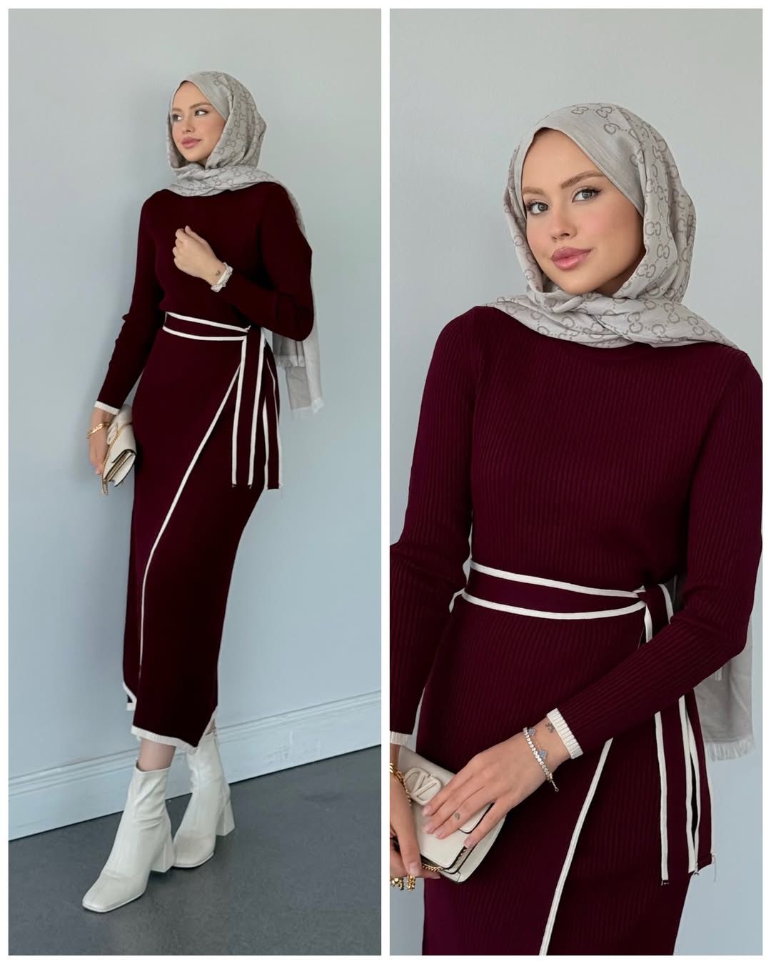 Maroon ribbed long-sleeve dress with waist tie belt and side panels