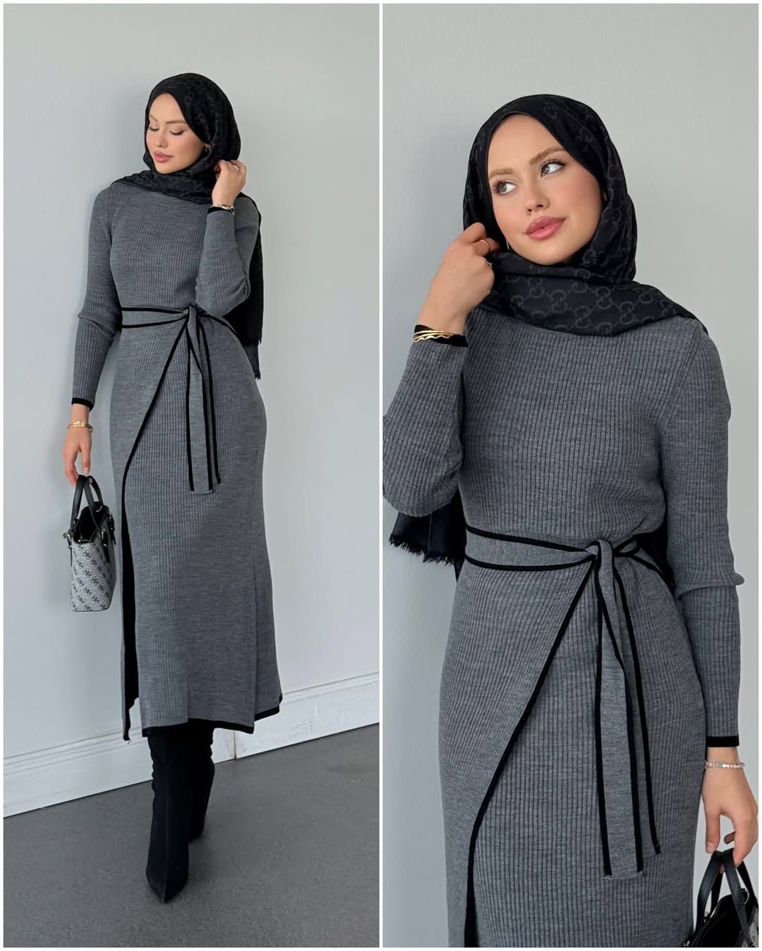 Gray ribbed long-sleeve dress with waist tie belt and side slit