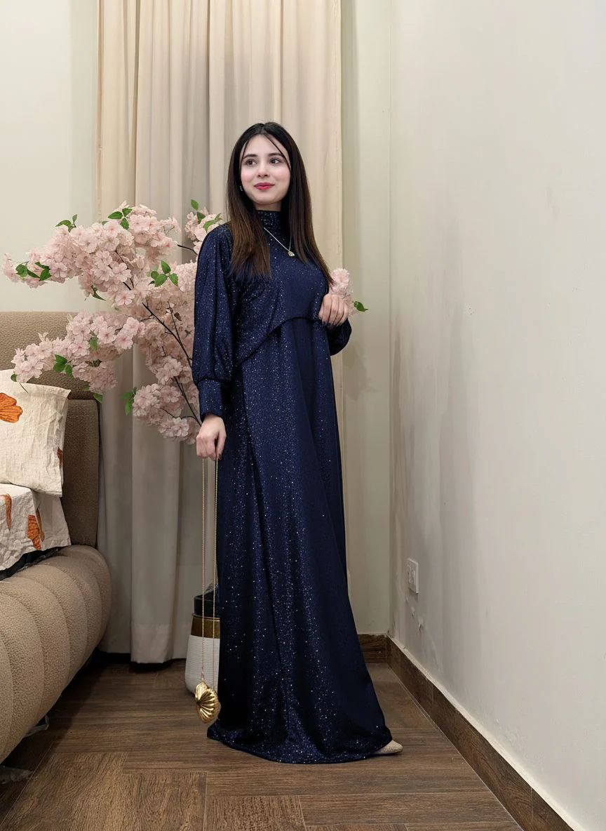 Navy blue shimmer maxi set with draped cape hood