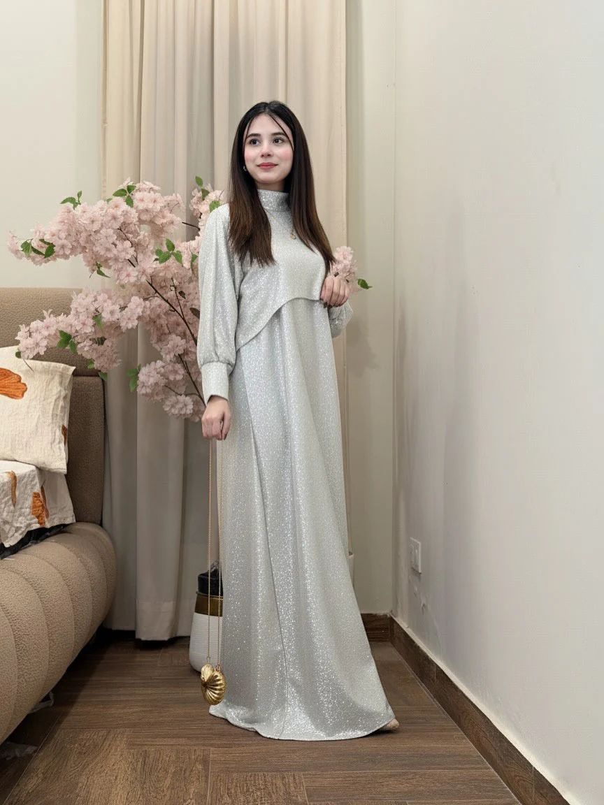 Silver shimmer maxi set with draped cape hood
