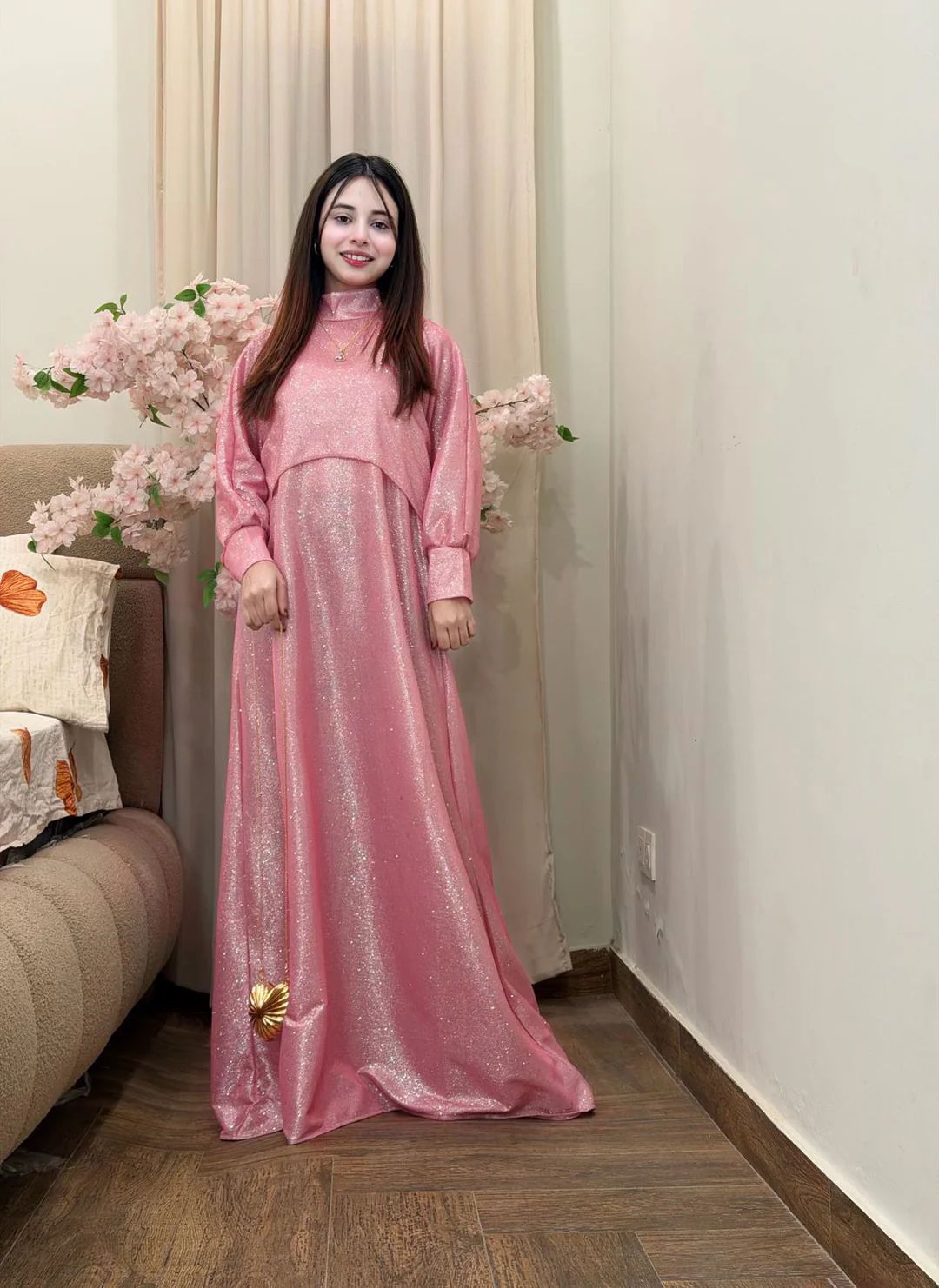 Pink shimmer maxi set with draped cape hood