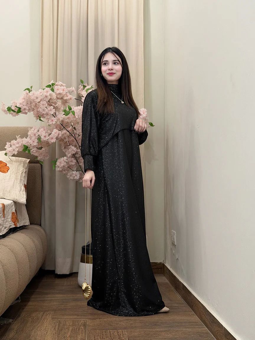 Black shimmer maxi set with draped cape hood