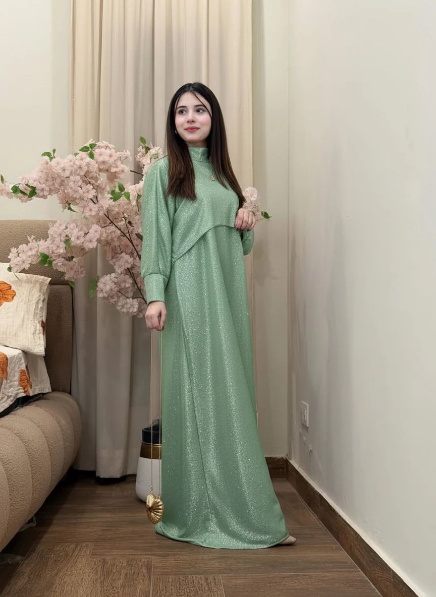 Pista green shimmer maxi set with draped cape hood