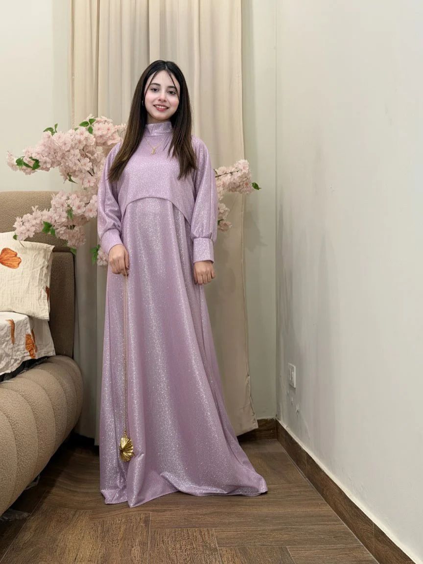 Lavender shimmer maxi set with draped cape hood
