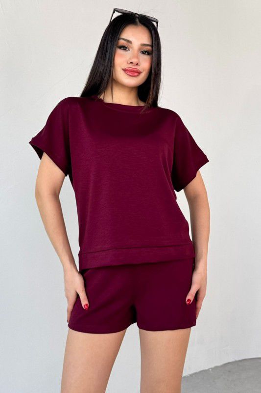 Maroon crewneck short-sleeve top and drawstring shorts set, front view