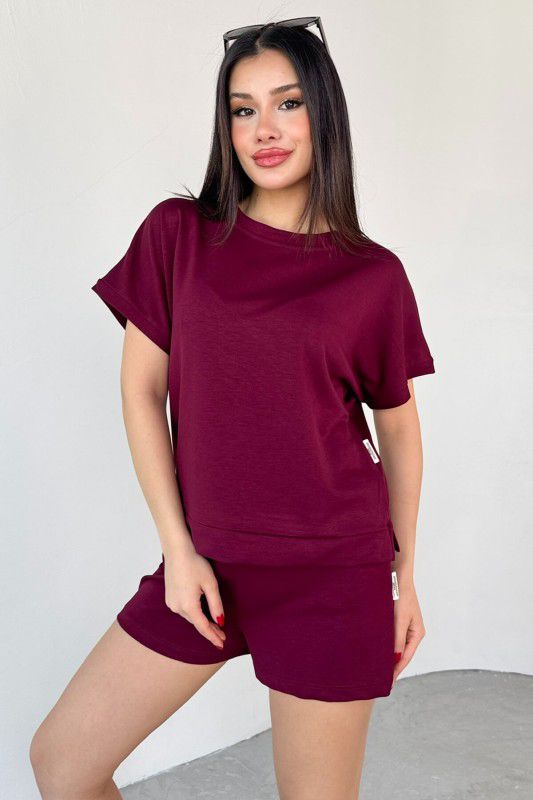 Maroon crewneck short-sleeve top and drawstring shorts set, front view
