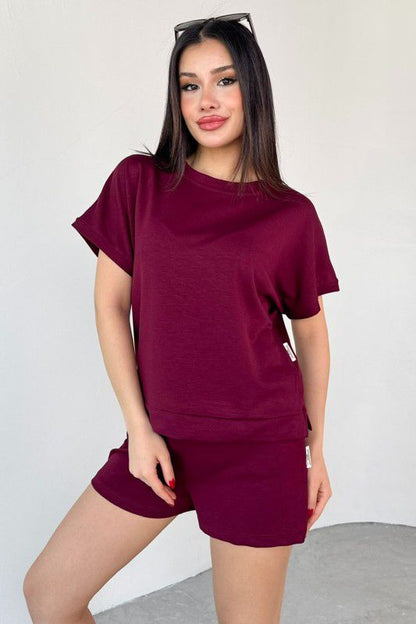 Maroon crewneck short-sleeve top and drawstring shorts set, front view
