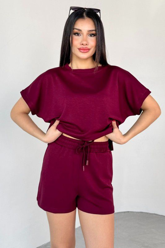 Maroon crewneck short-sleeve top and drawstring shorts set