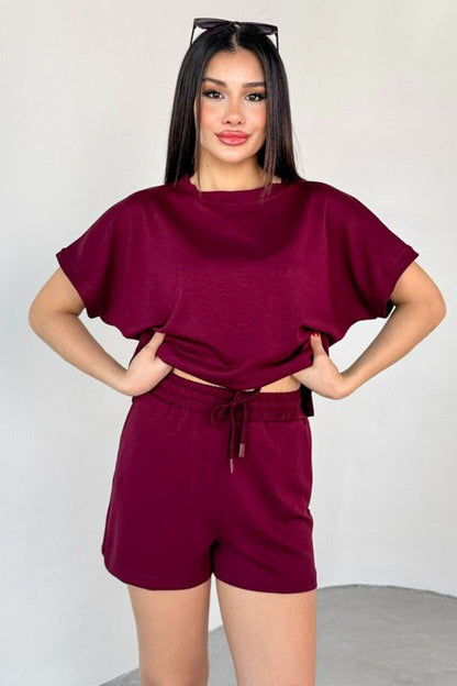 Maroon crewneck short-sleeve top and drawstring shorts set