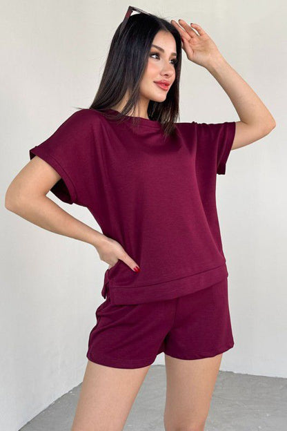 Maroon crewneck short-sleeve top and drawstring shorts set, side view