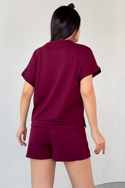 Maroon crewneck short-sleeve top and drawstring shorts set, back view