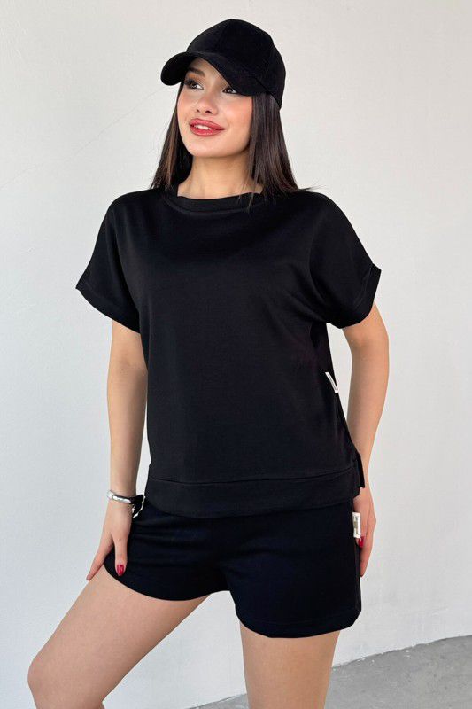 Black crewneck short-sleeve top and drawstring shorts set, side view