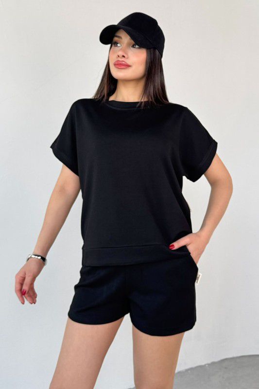 Black crewneck short-sleeve top and drawstring shorts set