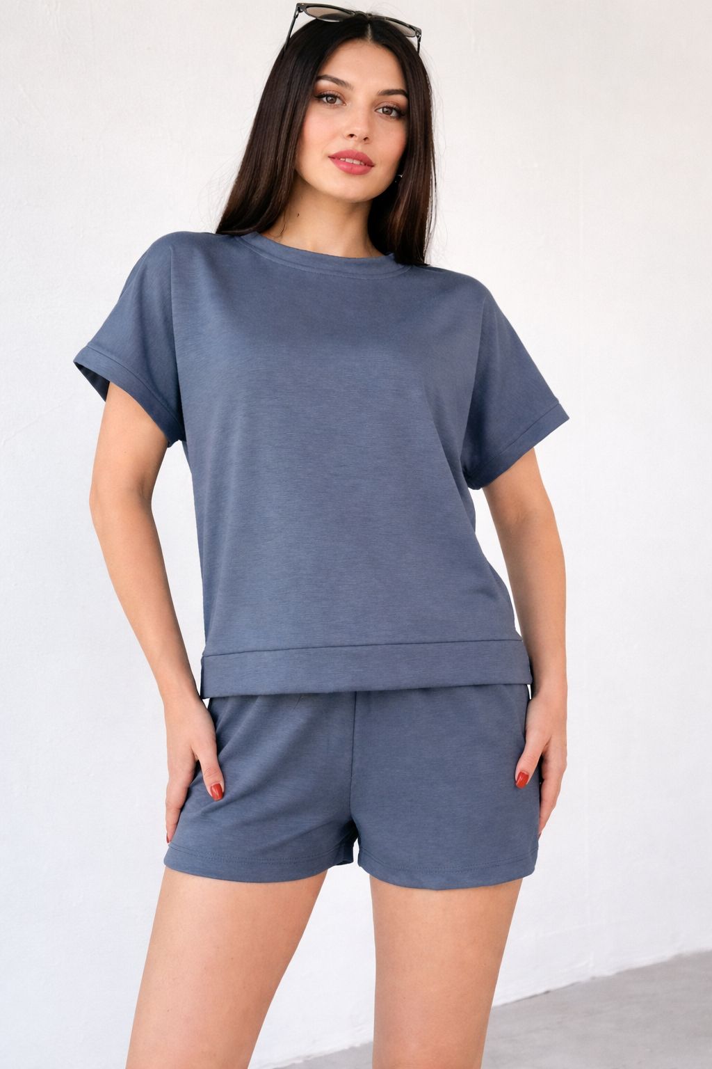 Blue casual two-piece set with short-sleeve crew top and matching drawstring shorts