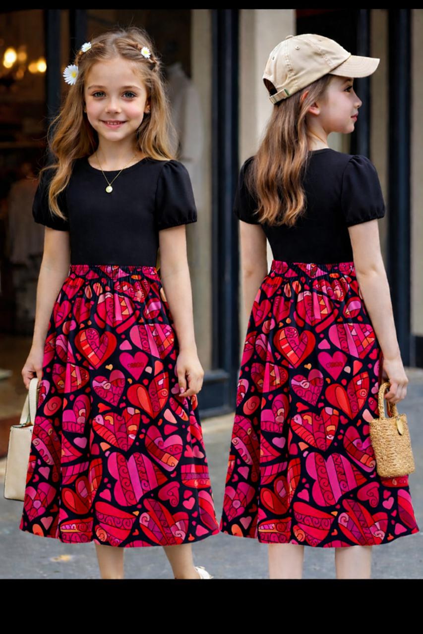 Girls black puff-sleeve dress with red heart print skirt and waistband seam