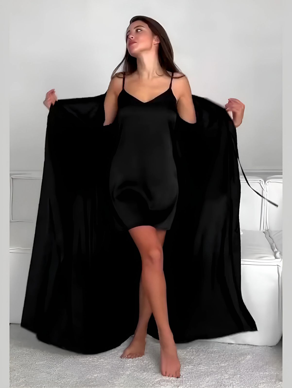 Silk lingerie set: black slip dress and flowing open robe, V-neck and long sleeves