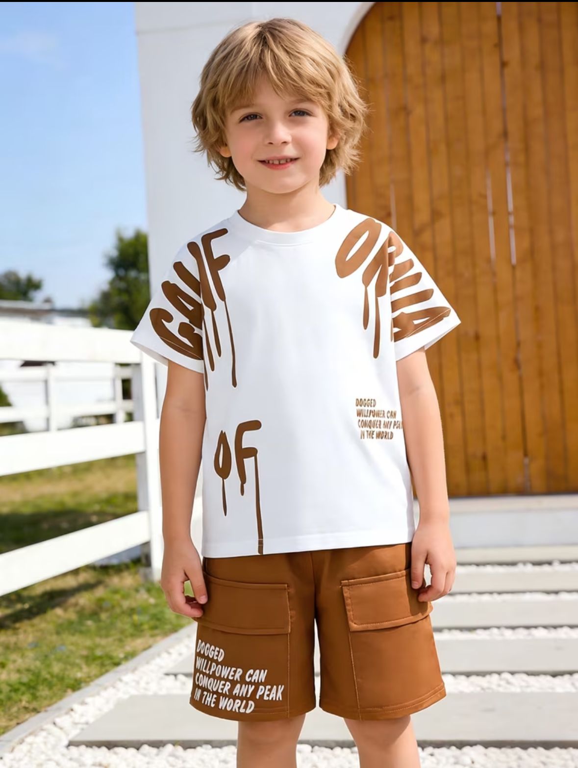Boys white graphic T-shirt and brown cargo shorts set, short sleeves and pockets