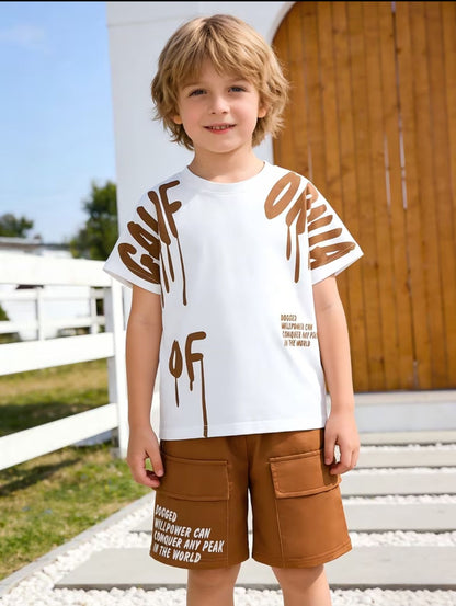 Boys white graphic T-shirt and brown cargo shorts set, short sleeves and pockets