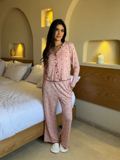 Pink heart-print 2-piece lounge set: button-front top and wide-leg pants