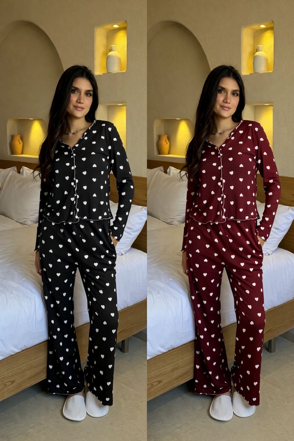 Heart-print lounge sets in black and maroon, button-front tops and wide-leg pants