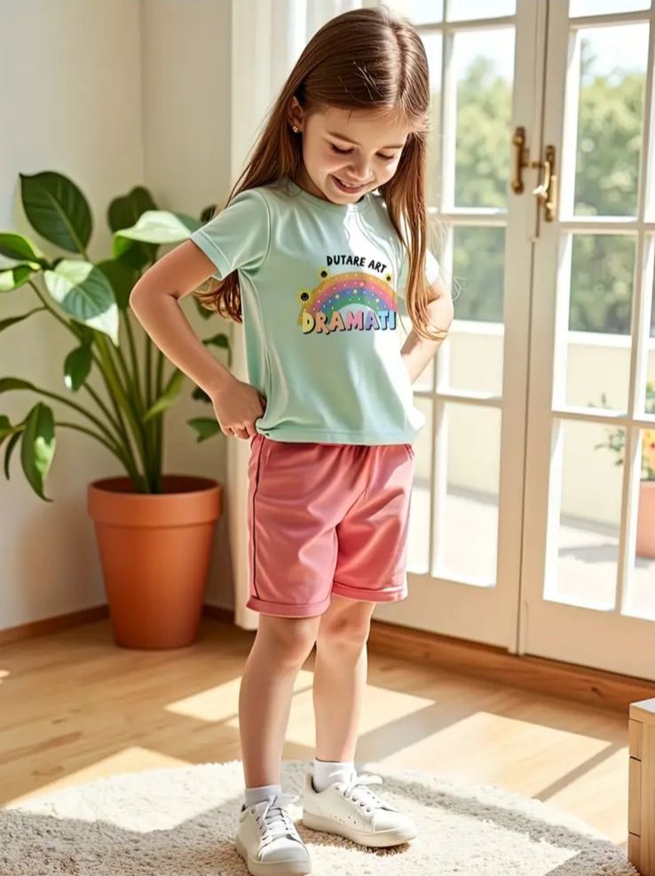 Kids rainbow graphic T-shirt and pink elastic-waist shorts set, mint top front view