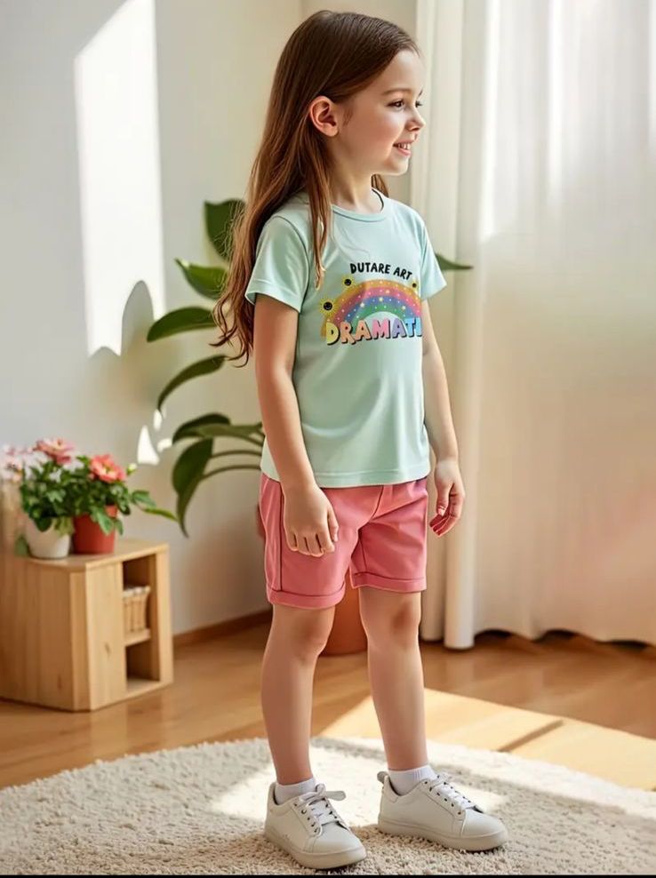 Kids rainbow graphic T-shirt and pink elastic-waist shorts set, mint green top