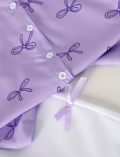 2pcs Set for Girls Bow Print Puff Sleeve Lapel Shirt + Side Bow Solid White Wide-Leg Pants