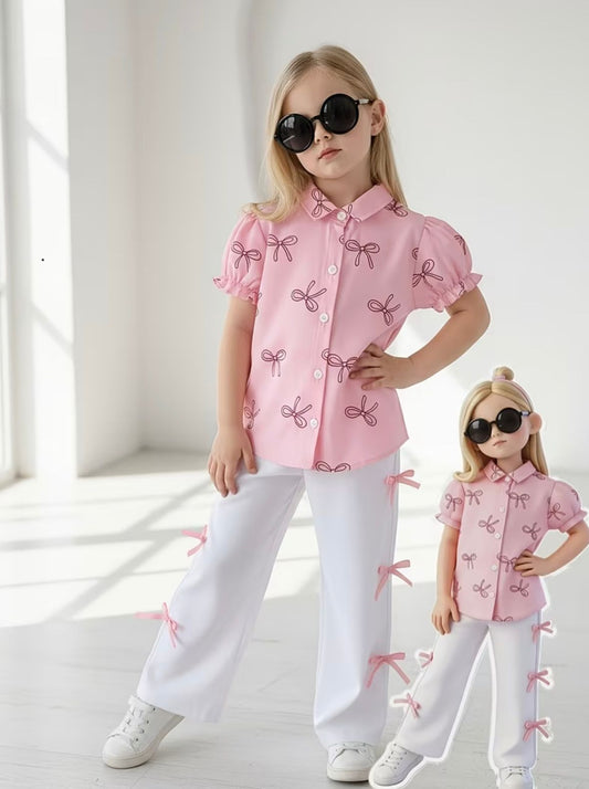 Girls pink bow-print puff-sleeve shirt with white wide-leg pants set, button-front