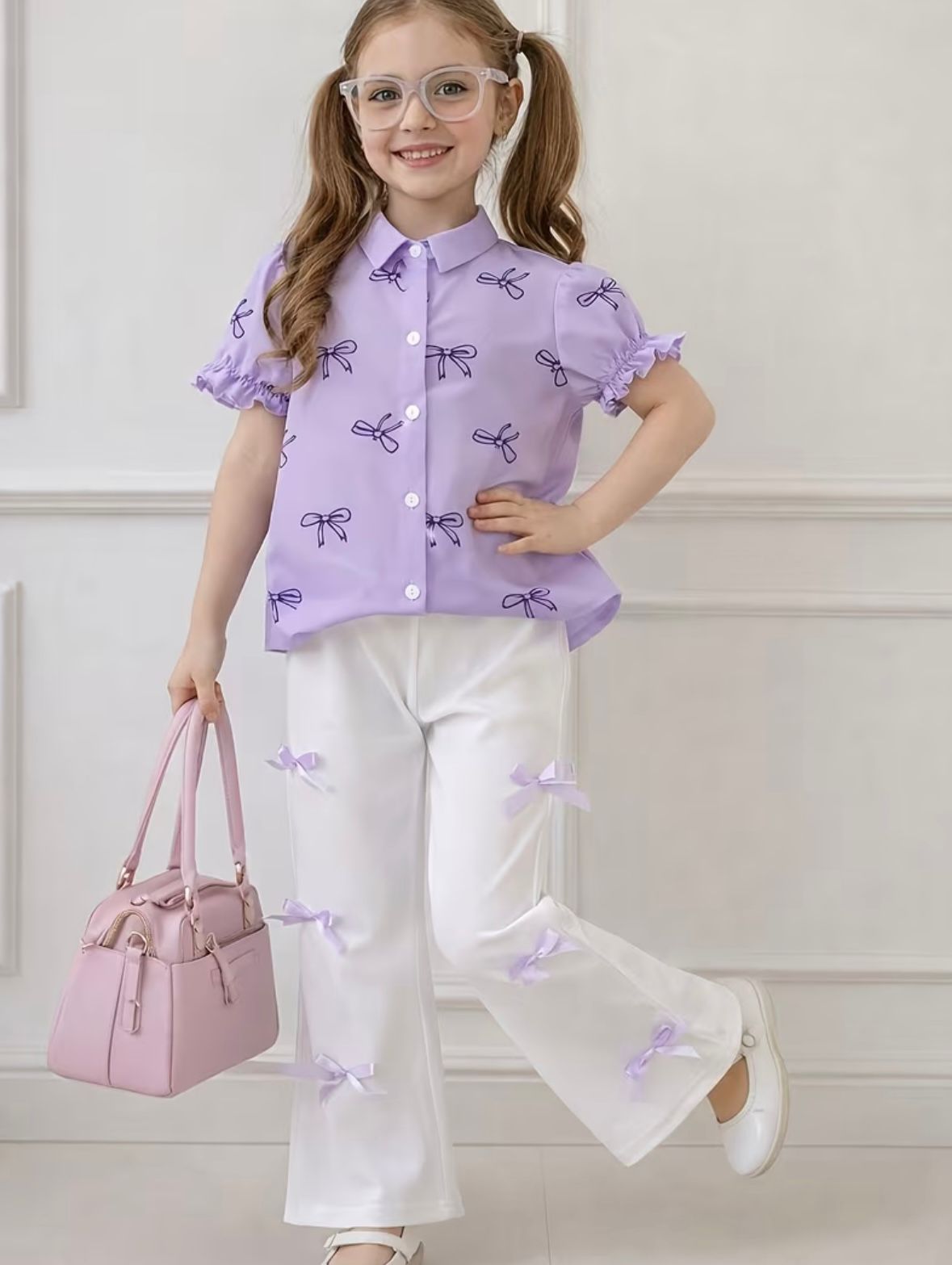 2pcs Set for Girls Bow Print Puff Sleeve Lapel Shirt + Side Bow Solid White Wide-Leg Pants