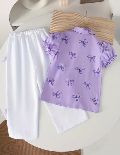 2pcs Set for Girls Bow Print Puff Sleeve Lapel Shirt + Side Bow Solid White Wide-Leg Pants