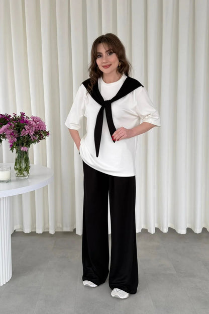 Shoulder-tie 2-piece suit set, white top with black shoulder tie and wide-leg black pants