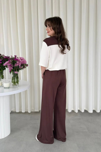 Shoulder-tie 2-piece suit set, white top with dark brown shoulder tie and wide-leg brown pants