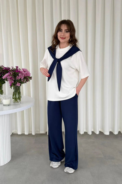 Shoulder-tie 2-piece suit set, white top with navy shoulder tie and wide-leg navy pants