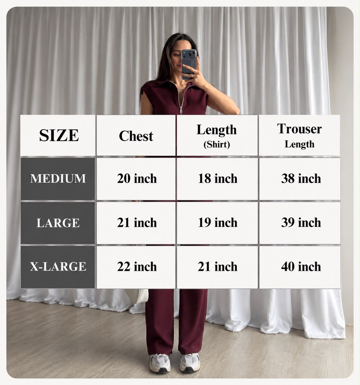 Maroon zip-up hoodie with drawstring and matching straight-leg trousers
