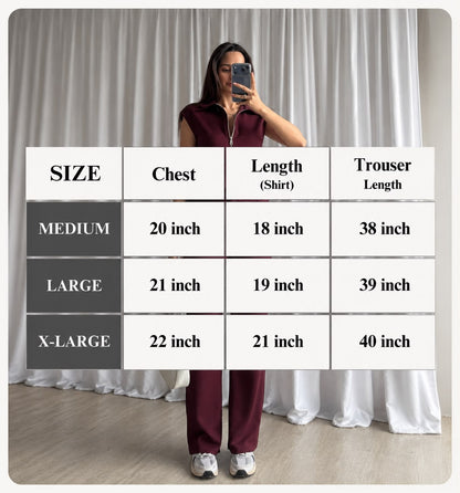 Maroon zip-up hoodie with drawstring and matching straight-leg trousers