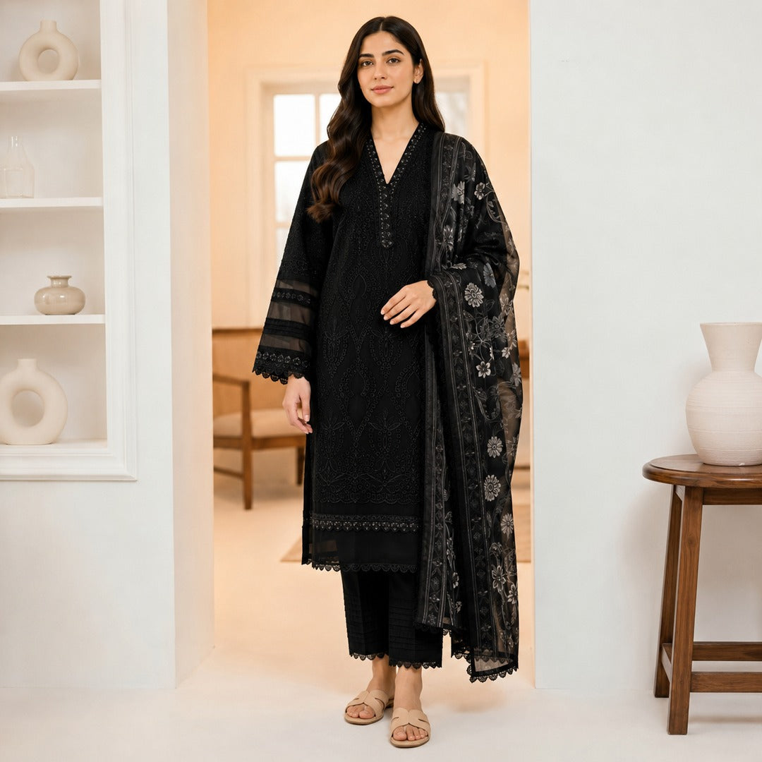 Midnight Black Chikankari Embroidered 3 Piece Suit