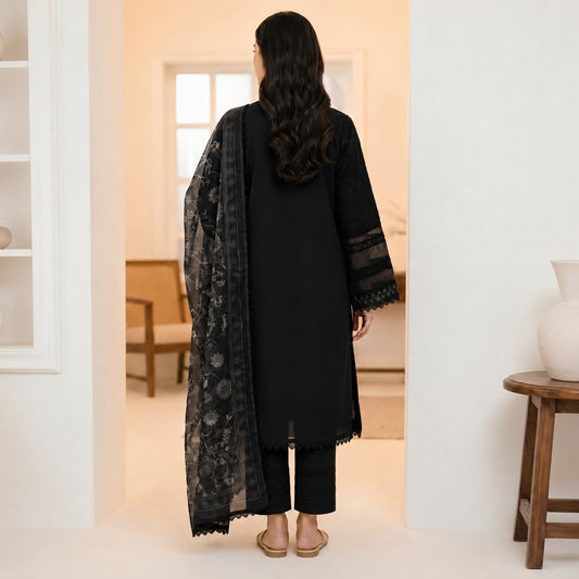 Black embroidered 3-piece suit with straight kurta and lace-trim dupatta, back view