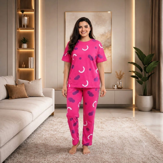 Dark pink two-piece lounge set with graphic cloud and smile prints, short sleeve and pants