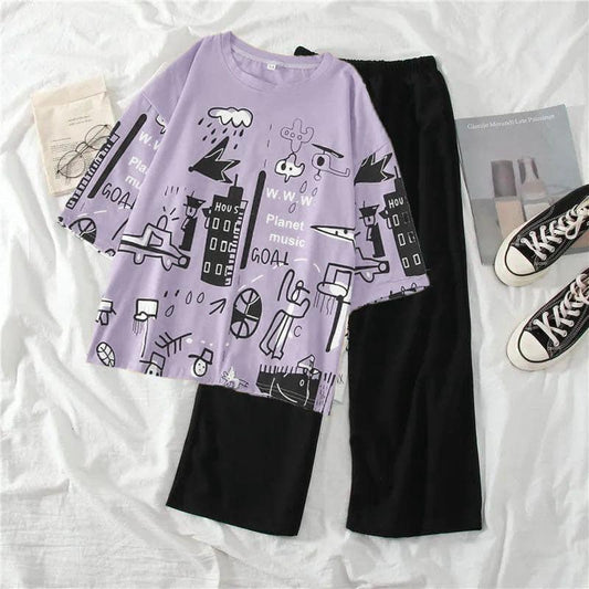 Kids lilac graphic lounge set with matching black shorts, long-sleeve top