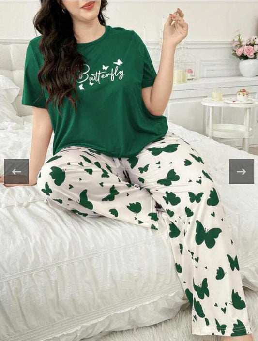 Green cotton night set with butterfly logo T-shirt and white pajama pants with green butterflies