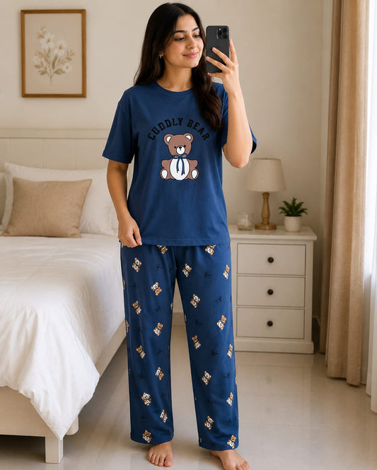 Blue teddy-print pajama set with short-sleeve top and matching wide-leg pants