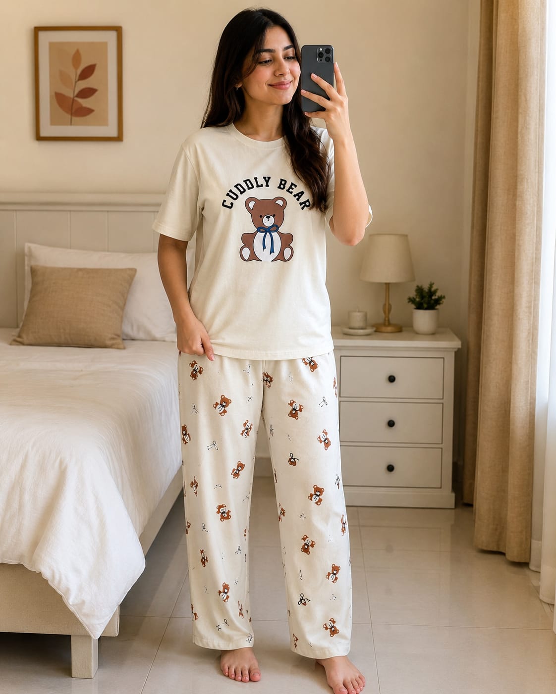 Beige teddy-print pajama set with short-sleeve top and matching wide-leg pants
